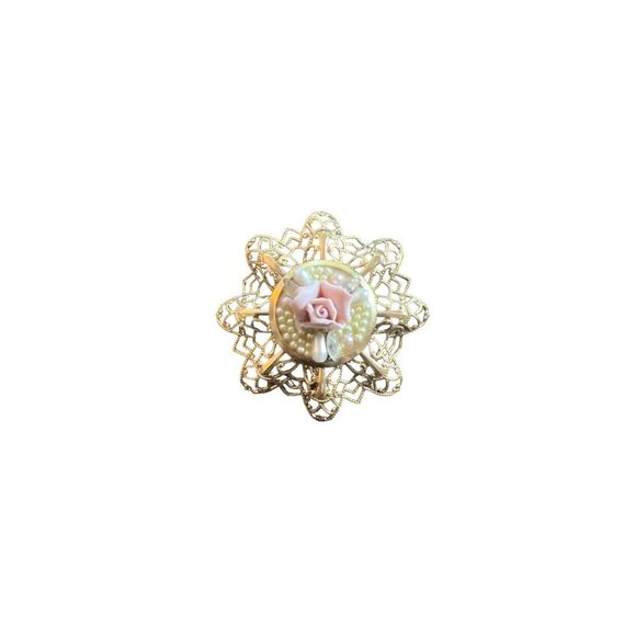 Vintage Brooch Gold Tone Filagree Ceramic 3D Bisque Porcelain Flower Faux Pearls - Picture 4 of 9